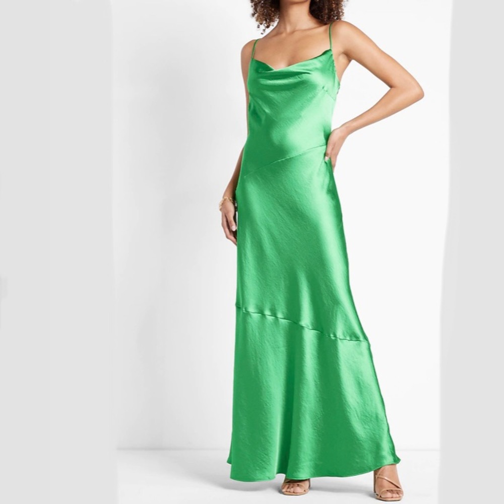 NWT Express Edit Green Limited Edition Satin Cowl Neck Maxi Slip Dress